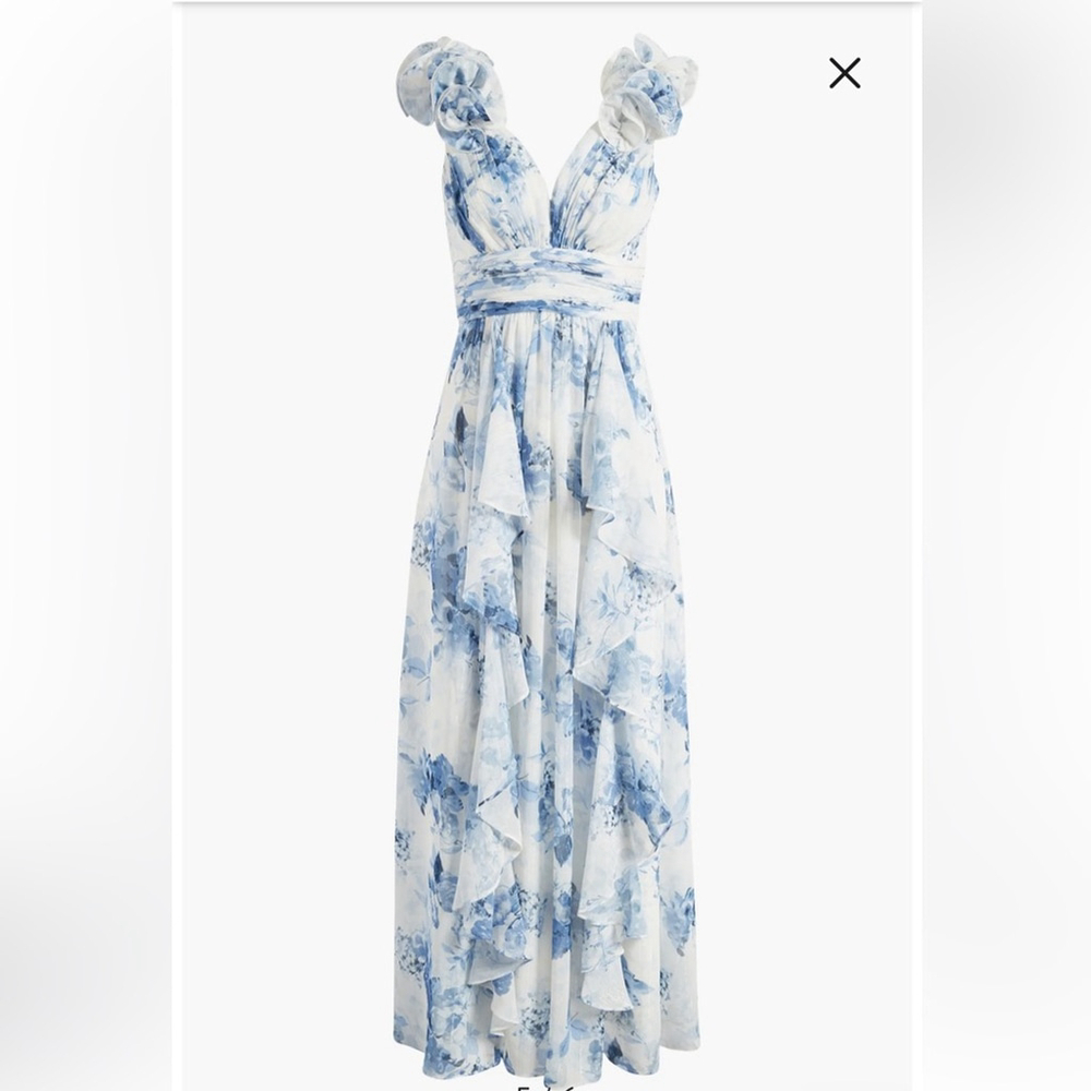 Eliza J Blue White Floral Ruffle Strap Maxi Flowy Spring Gown Prom Size 8 - Picture 4 of 15